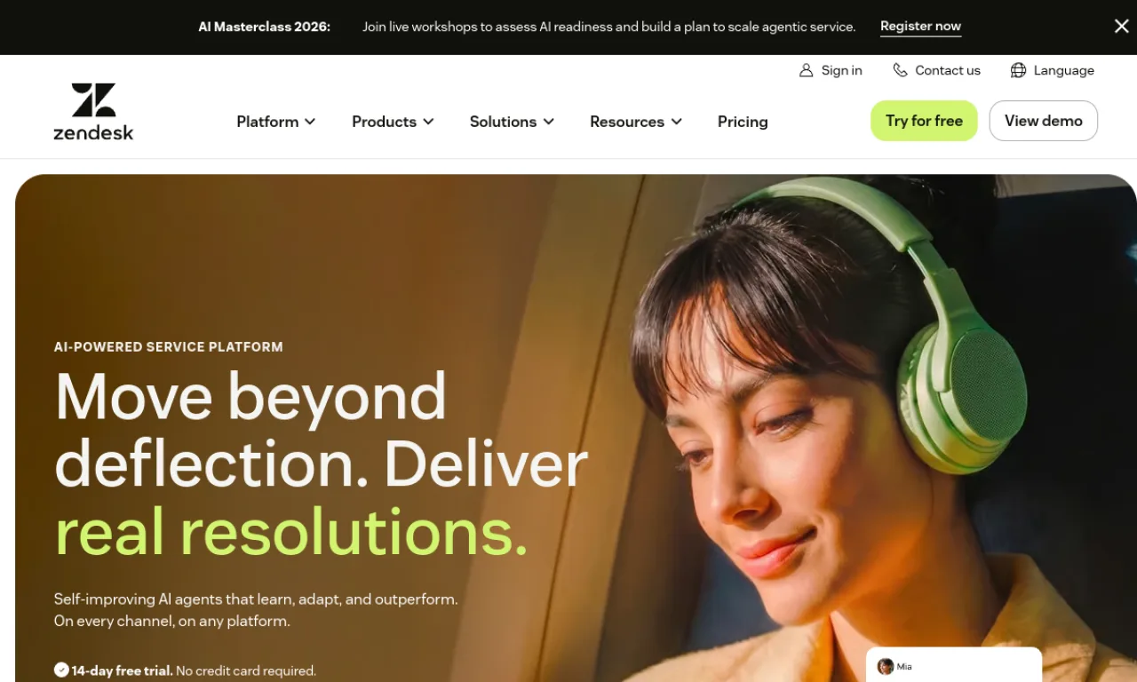 Screenshot of Zendesk Support website