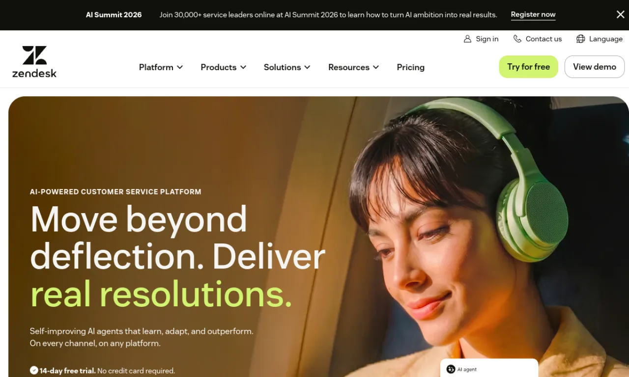 Screenshot of Zendesk Support website