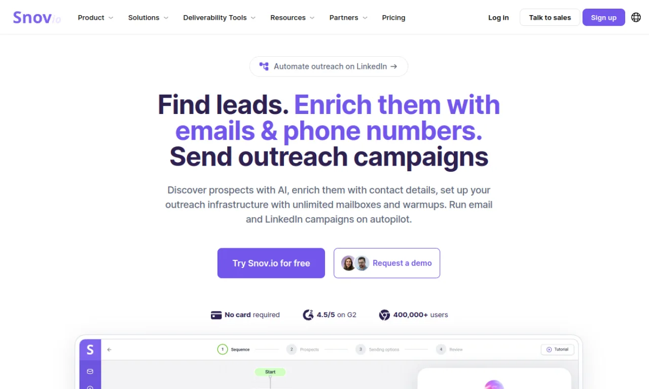 Screenshot of Snovio website