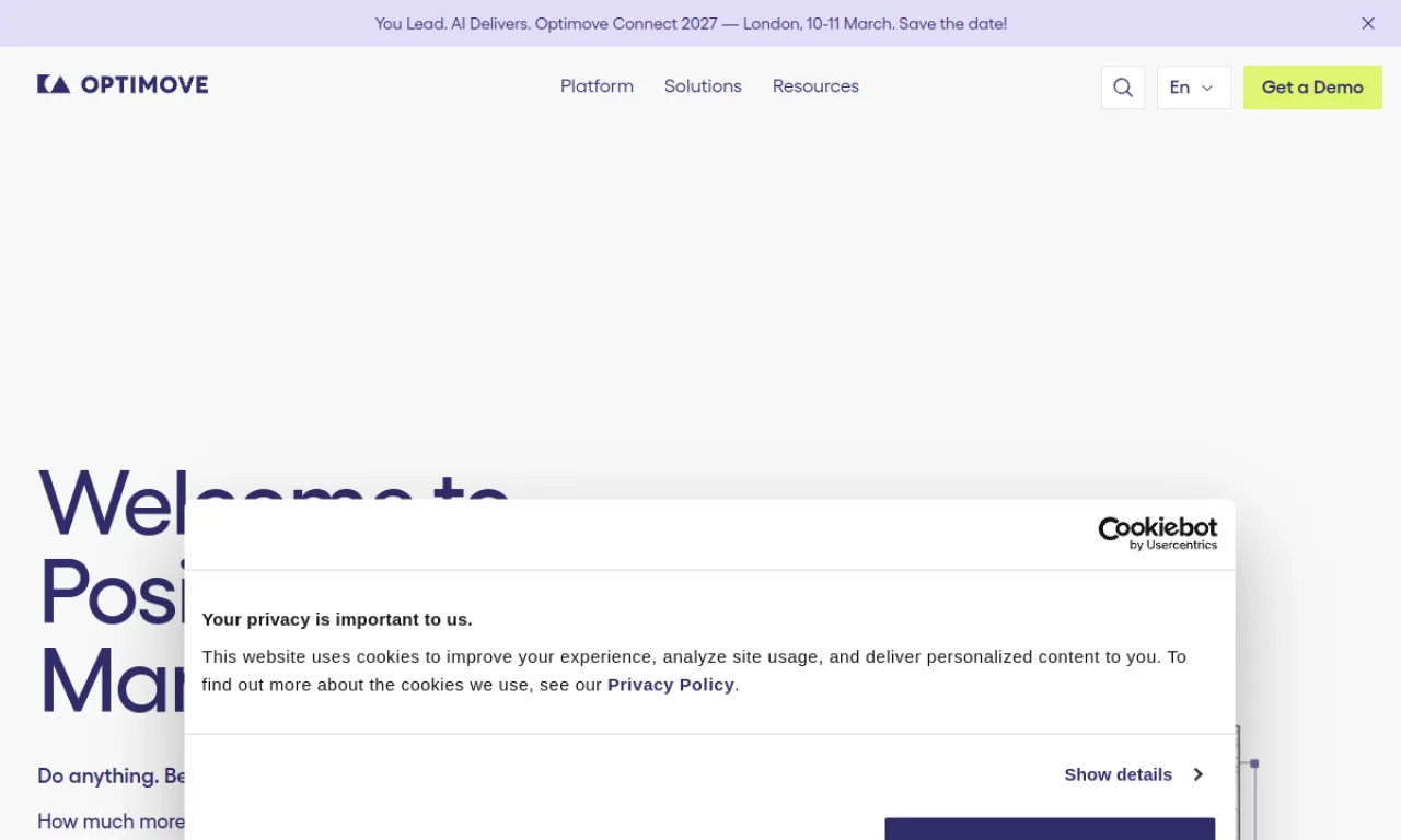 Screenshot of Optimove website