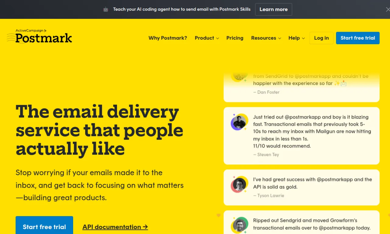 Screenshot of Postmark website