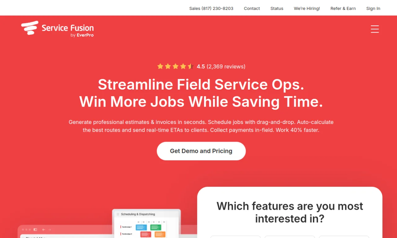 Screenshot of Service Fusion website