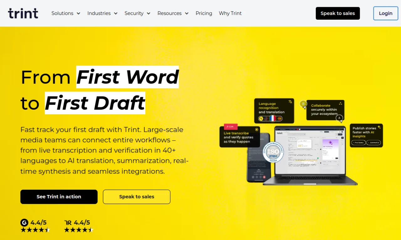Screenshot of Trint website