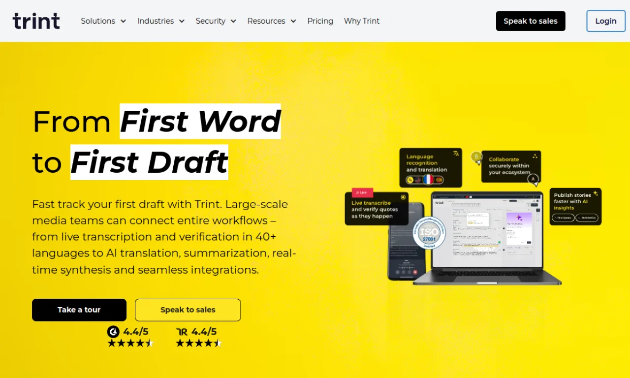 Screenshot of Trint website