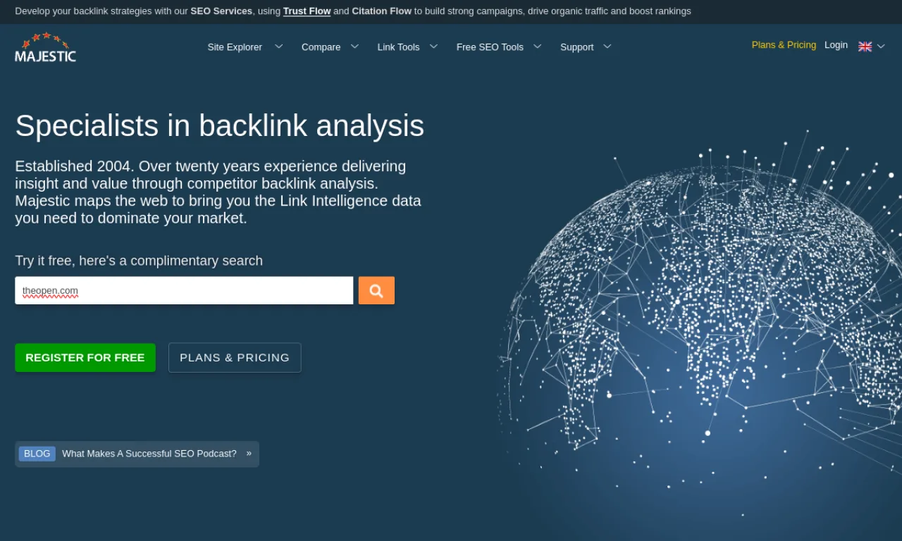 Screenshot of Majestic website