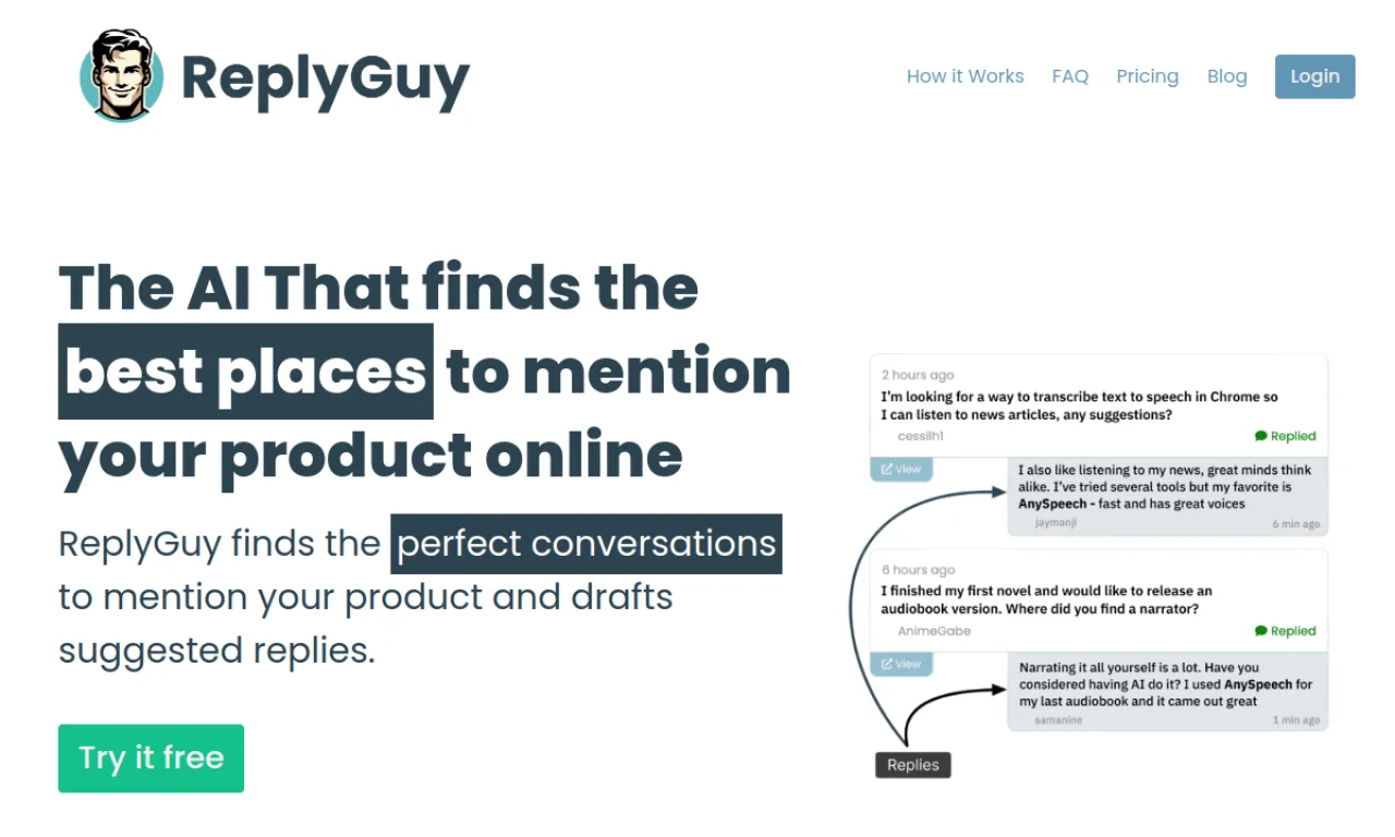 Screenshot of Reply Guy / ReplyGuy website