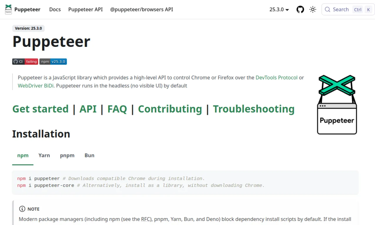 Screenshot of Puppeteer website