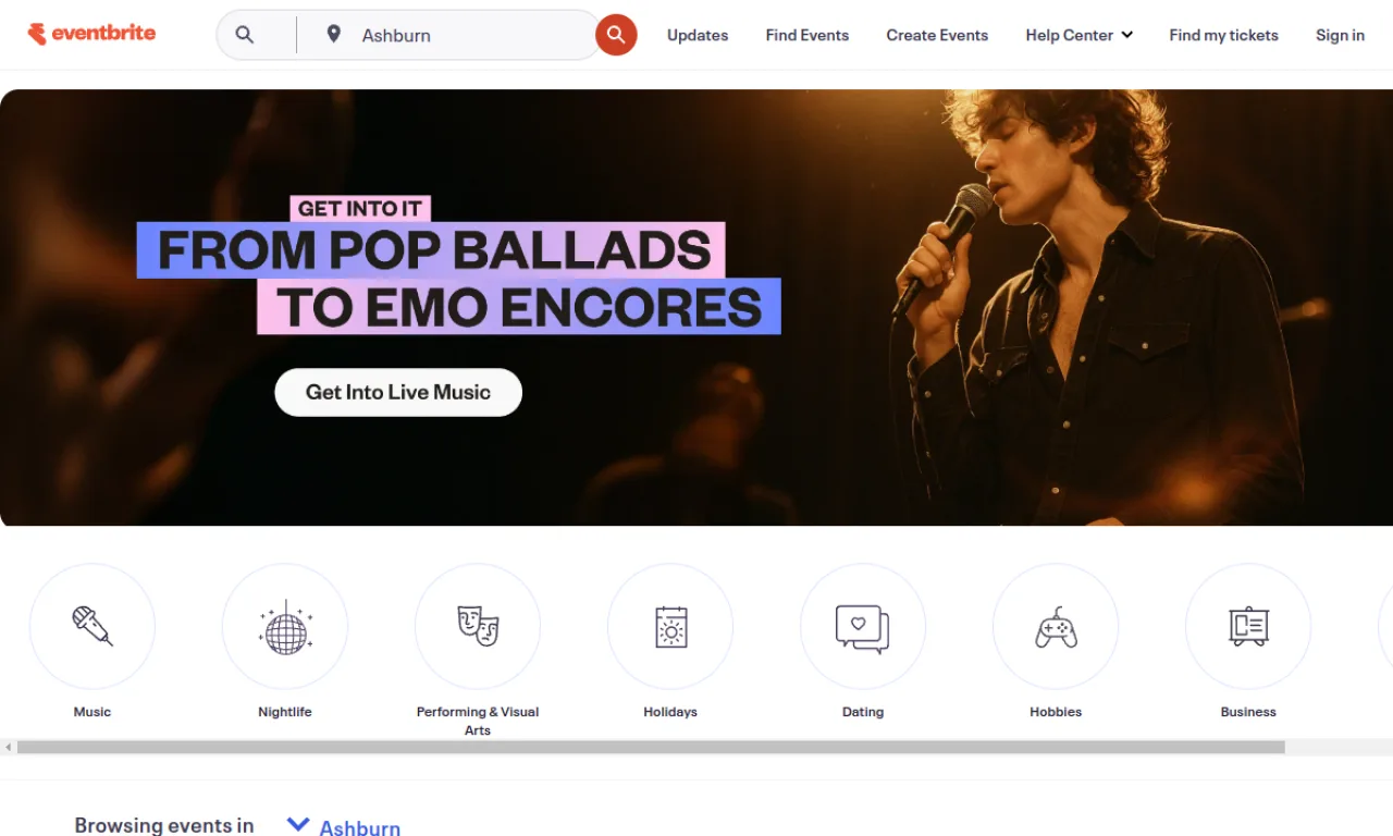 Screenshot of Eventbrite website