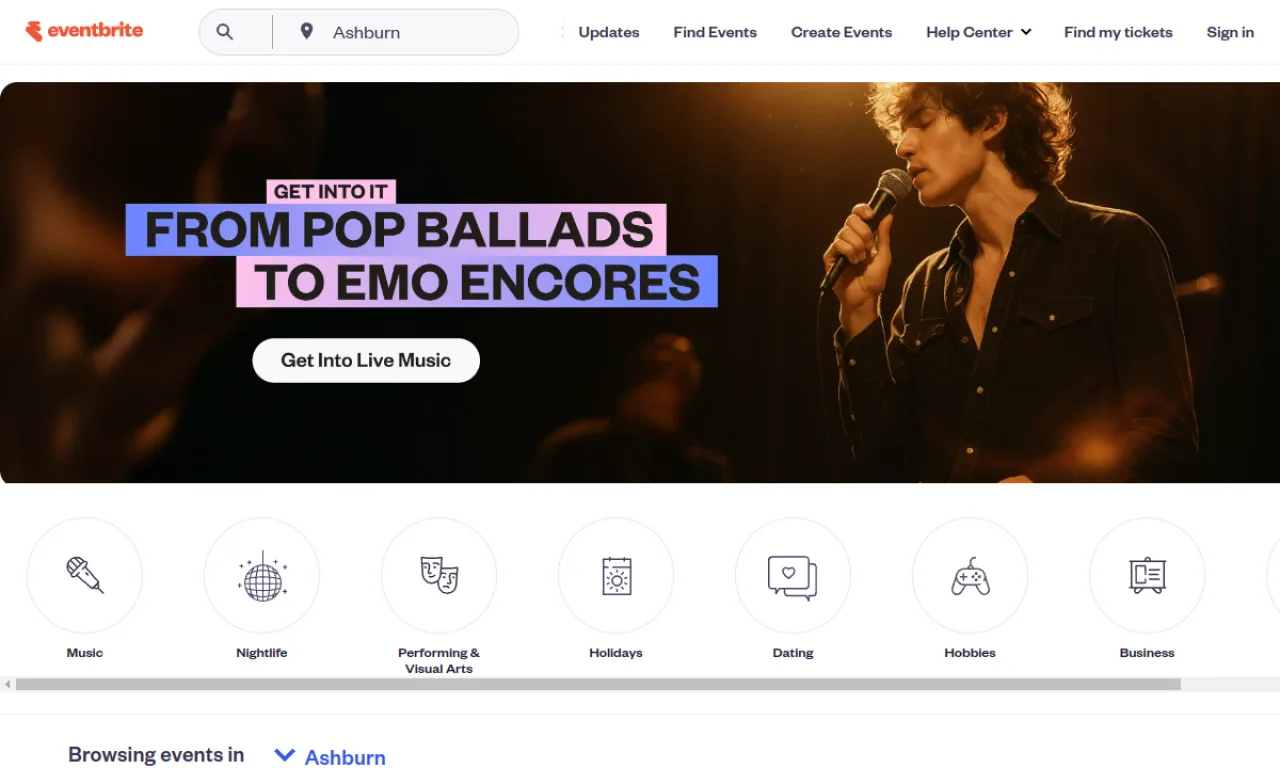 Screenshot of Eventbrite website