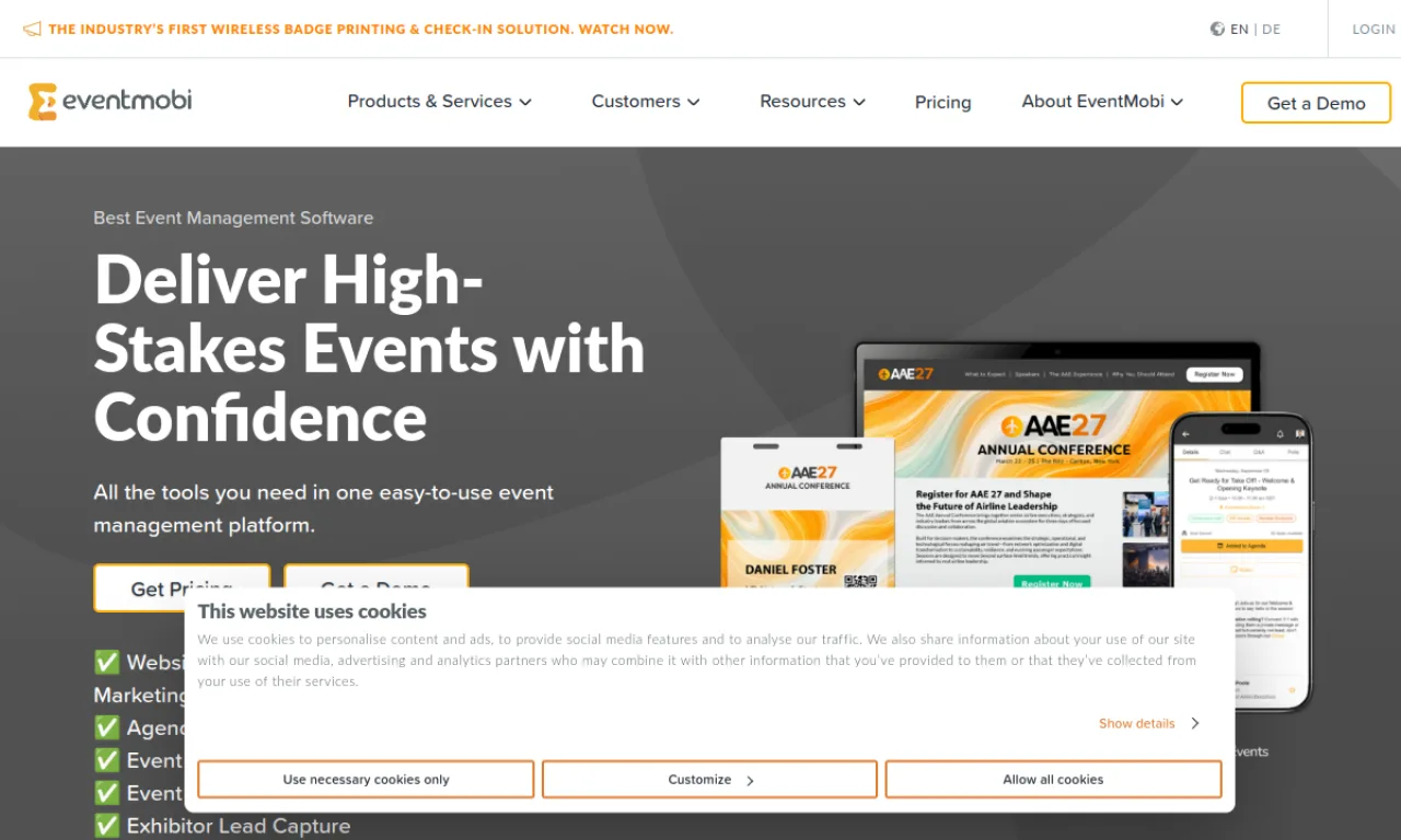 Screenshot of EventMobi website