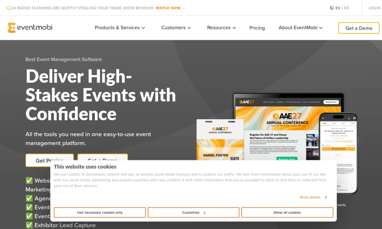 Screenshot of EventMobi website