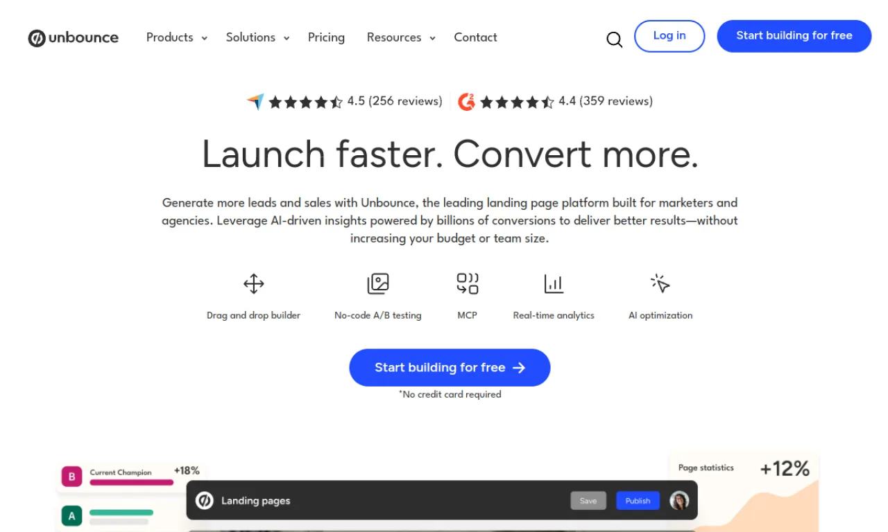 Screenshot of Unbounce website