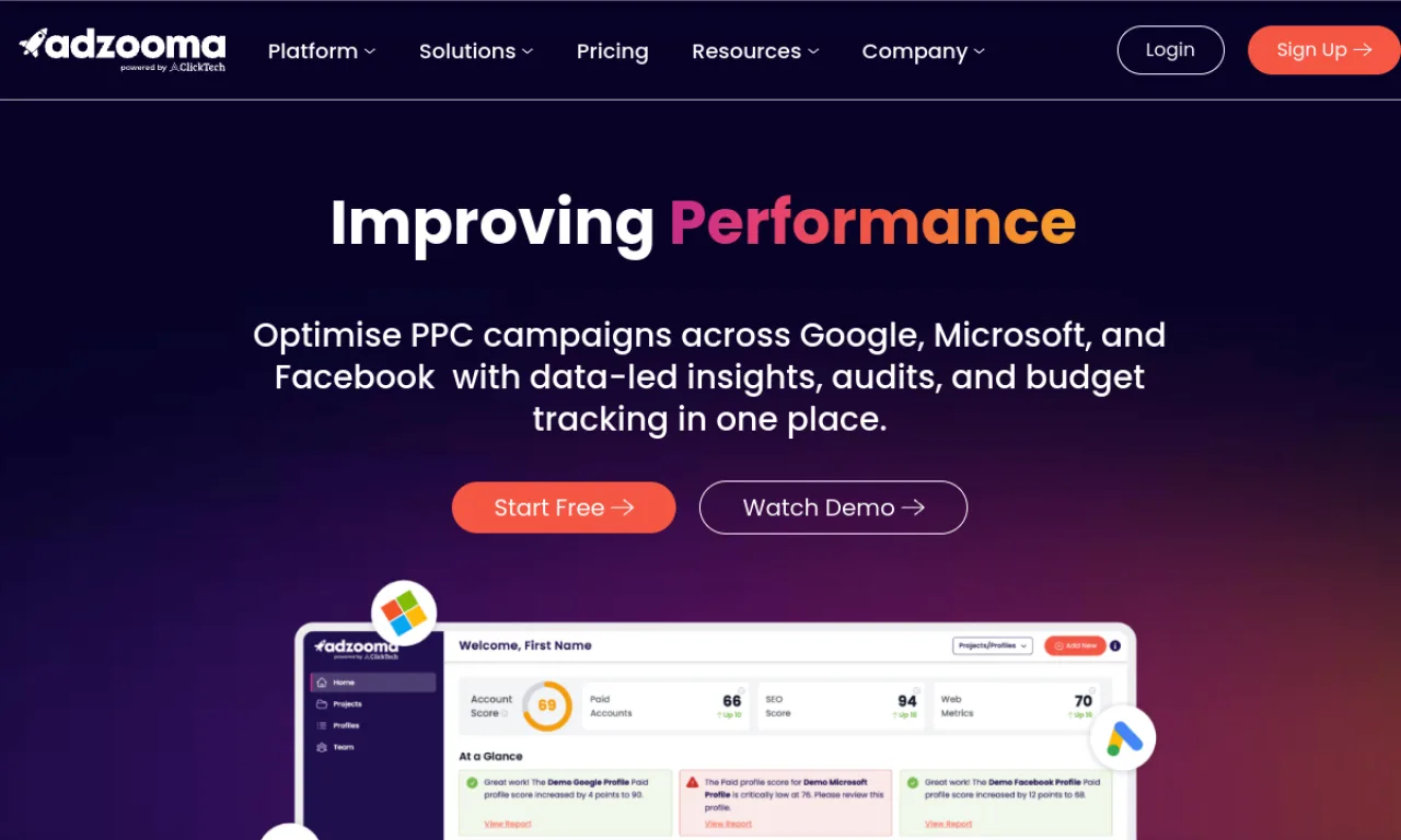 Screenshot of Adzooma website