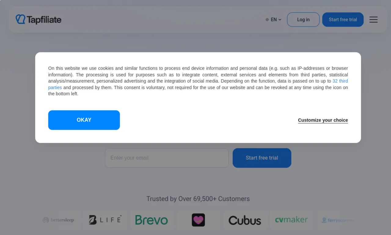 Screenshot of Tapfiliate website