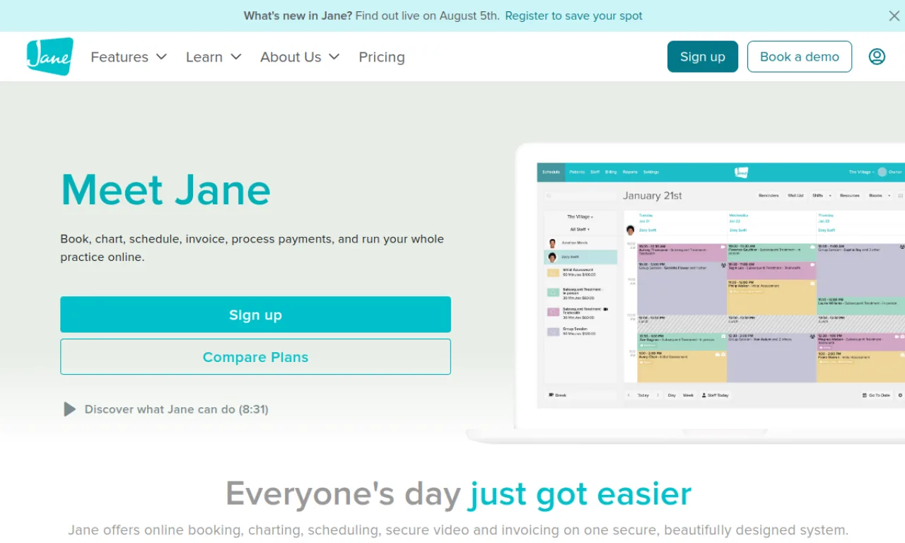 Screenshot of Jane App website