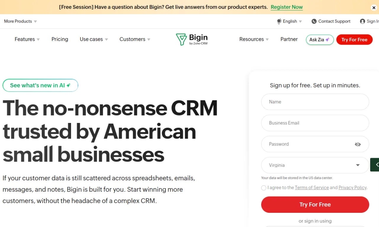 Screenshot of Bigin by Zoho website