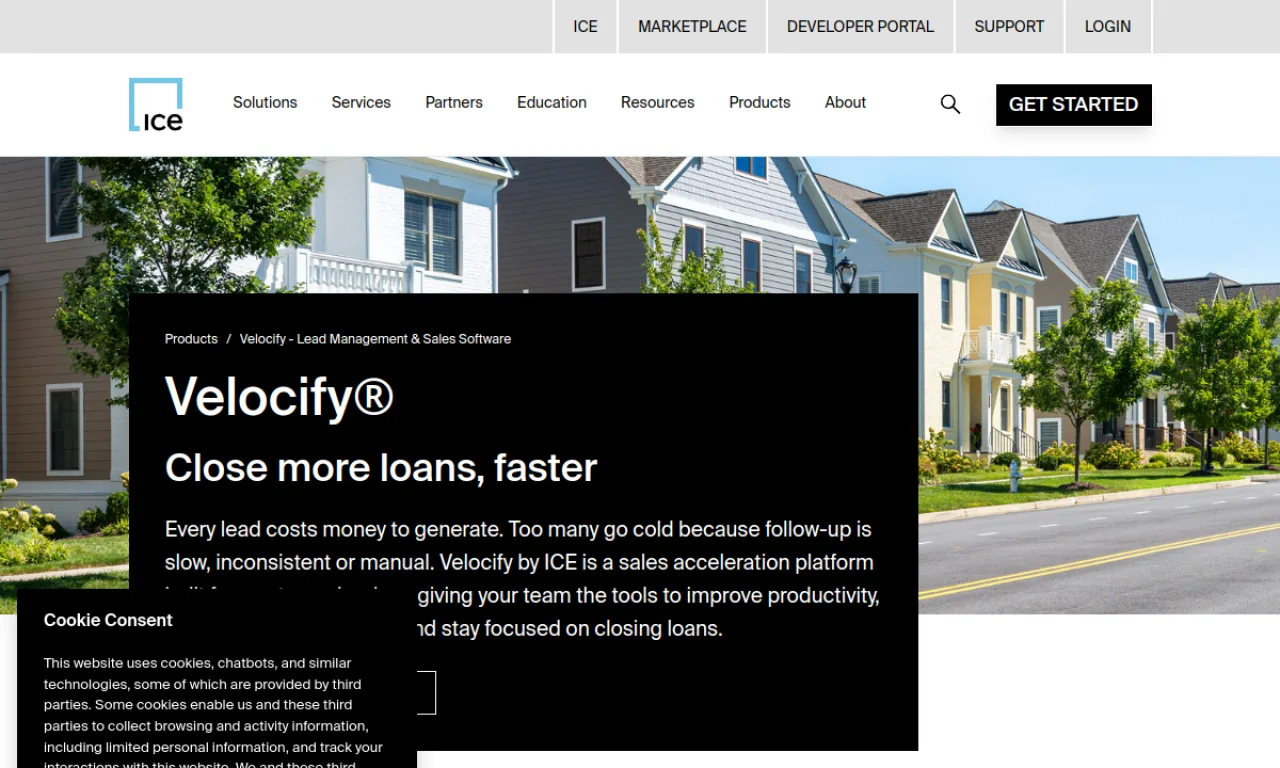 Screenshot of Velocify (ICE) website