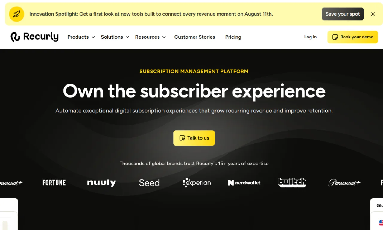 Screenshot of Recurly website