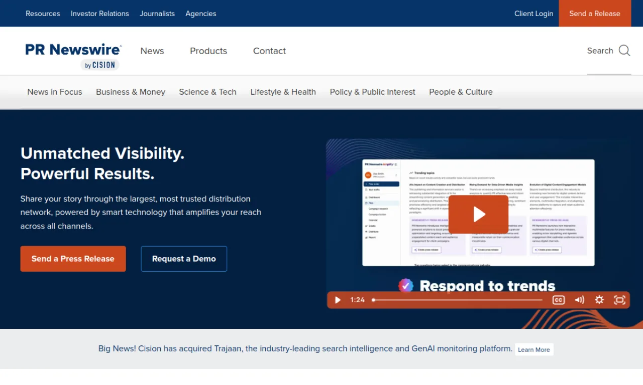 Screenshot of PR Newswire (Cision) website