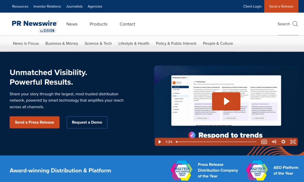 Screenshot of PR Newswire (Cision) website