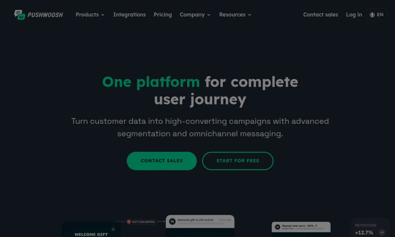 Screenshot of Pushwoosh website