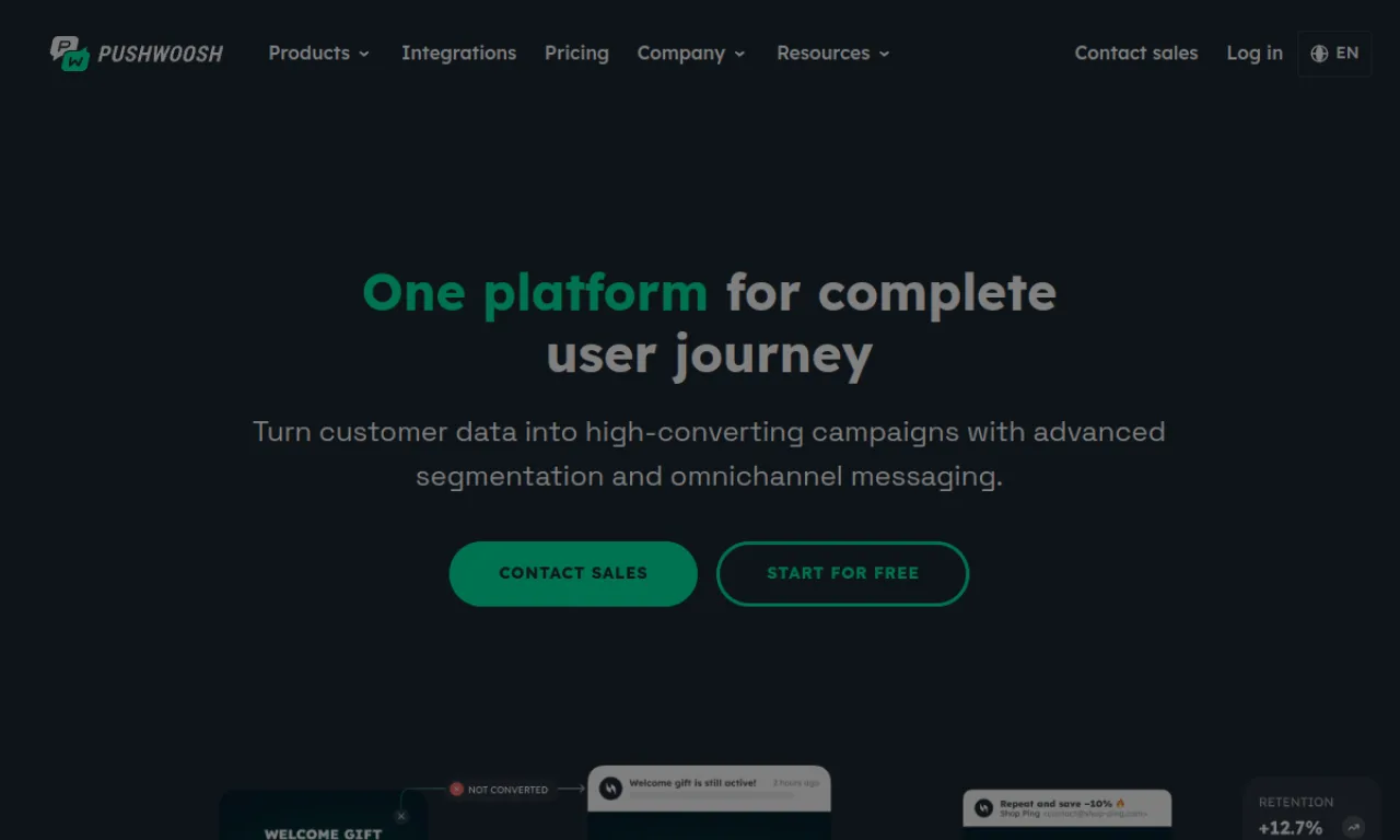 Screenshot of Pushwoosh website