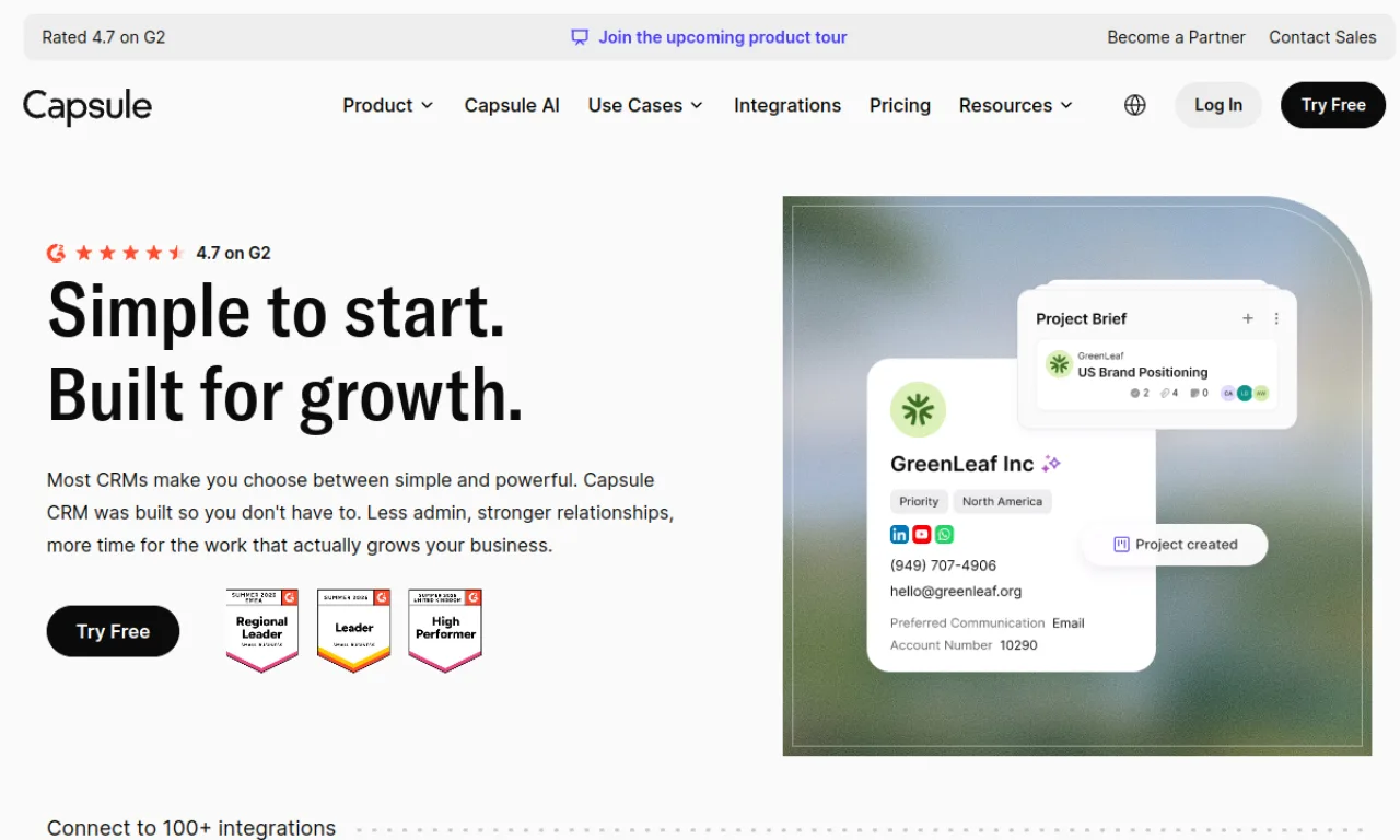 Screenshot of Capsule CRM website