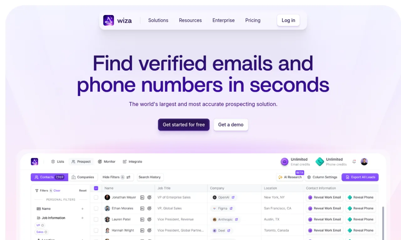 Screenshot of Wiza website