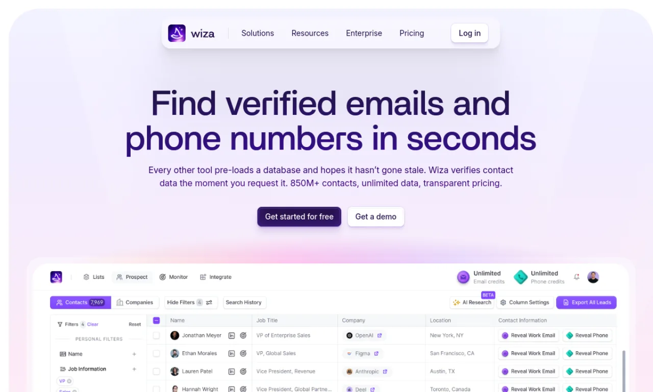 Screenshot of Wiza website