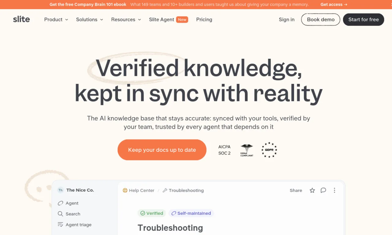 Screenshot of Slite website