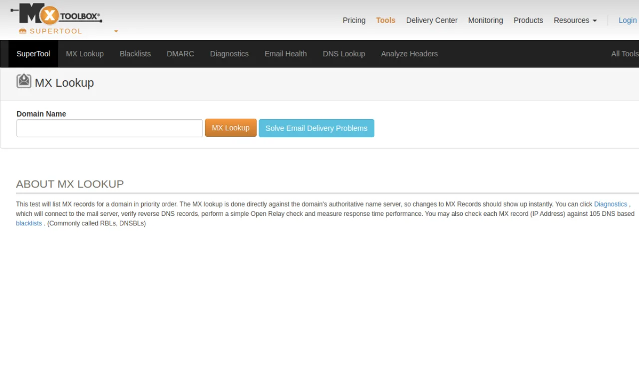 Screenshot of MXToolbox website