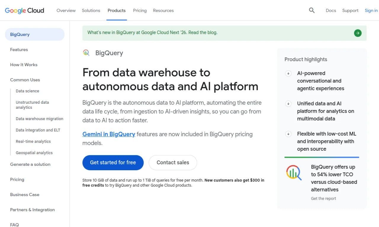 Screenshot of Google BigQuery website
