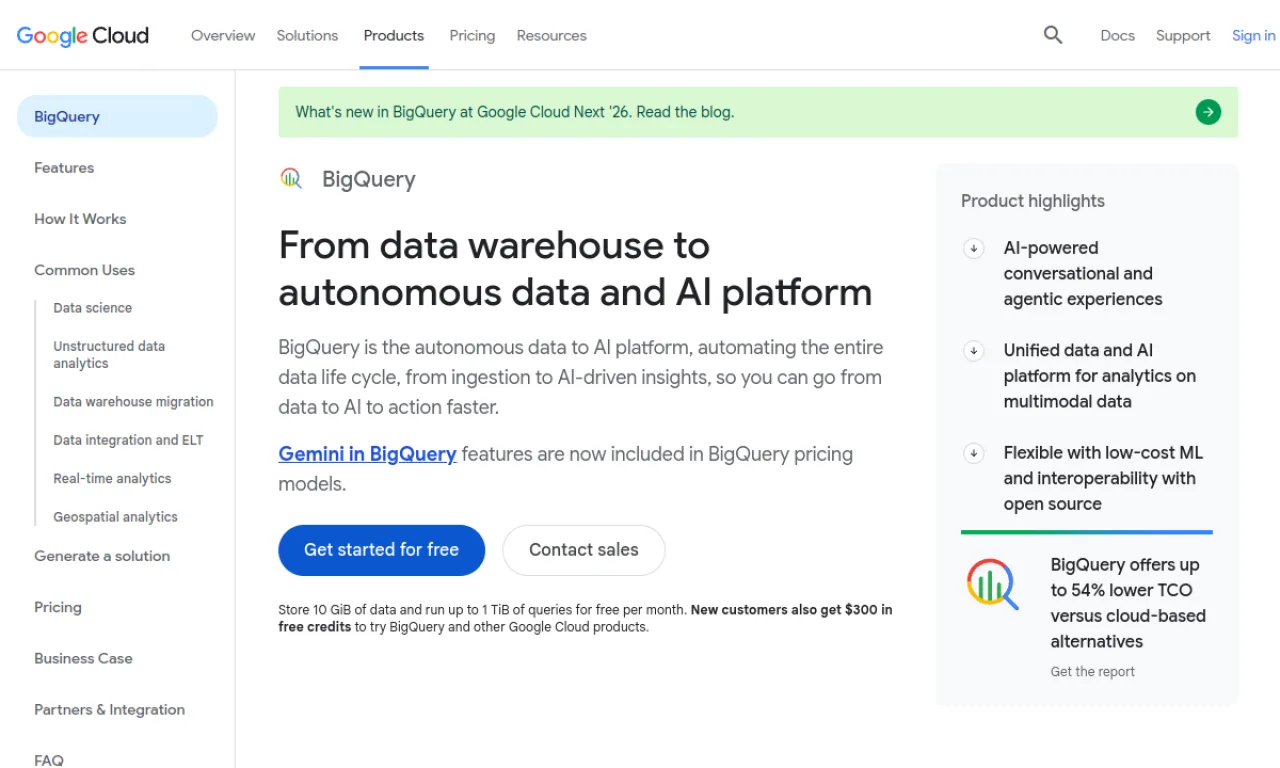 Screenshot of Google BigQuery website