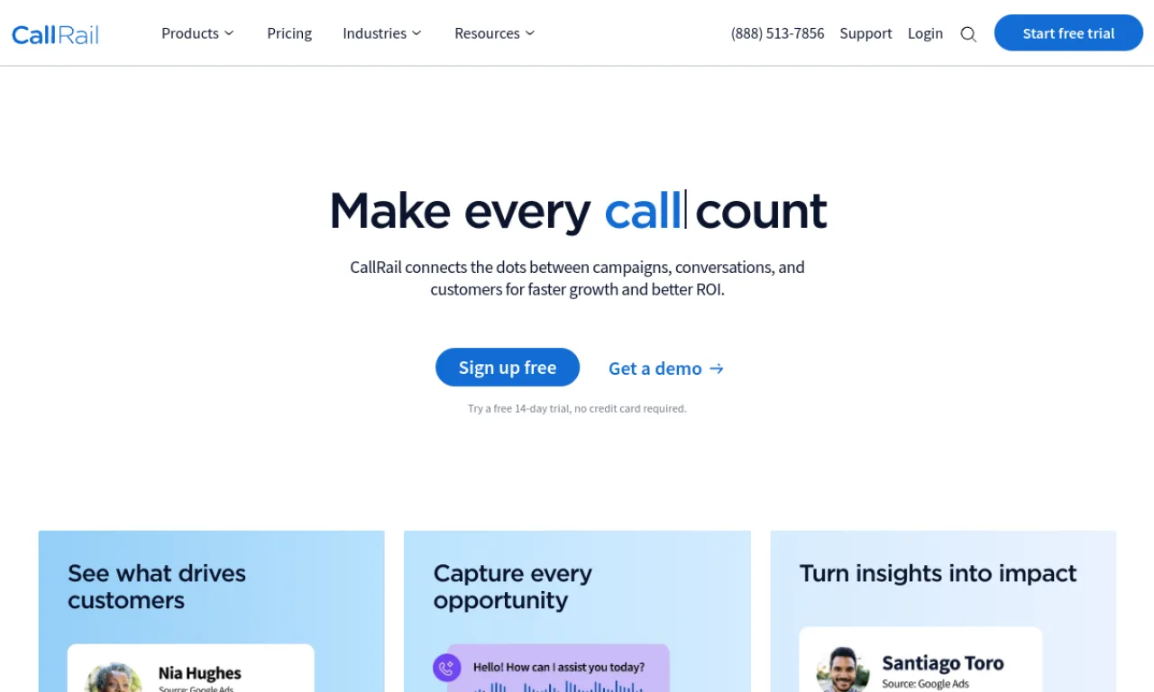 Screenshot of CallRail website