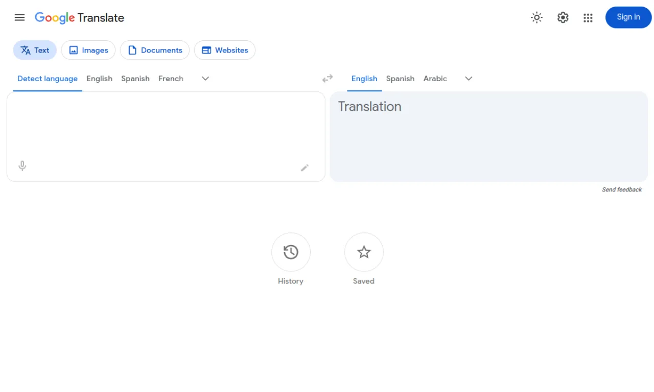 Screenshot of Google Translate website