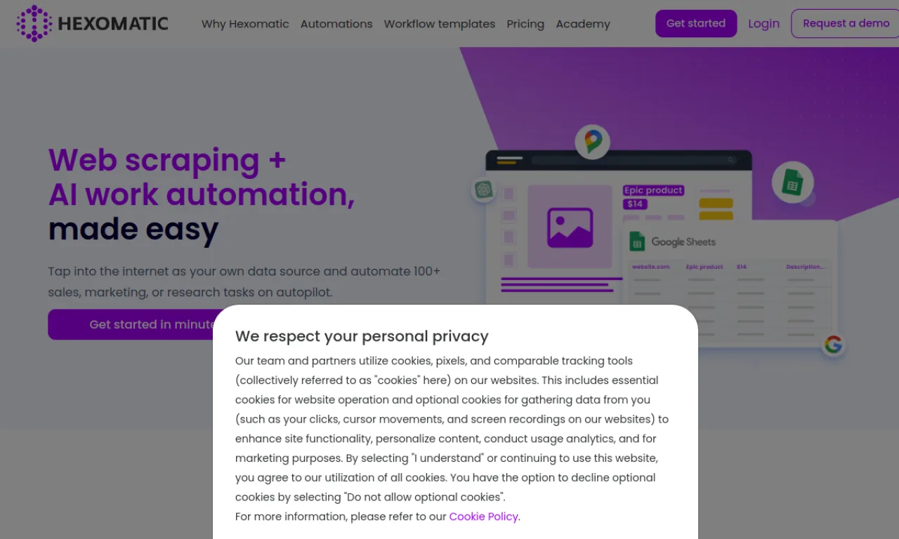 Screenshot of Hexomatic website