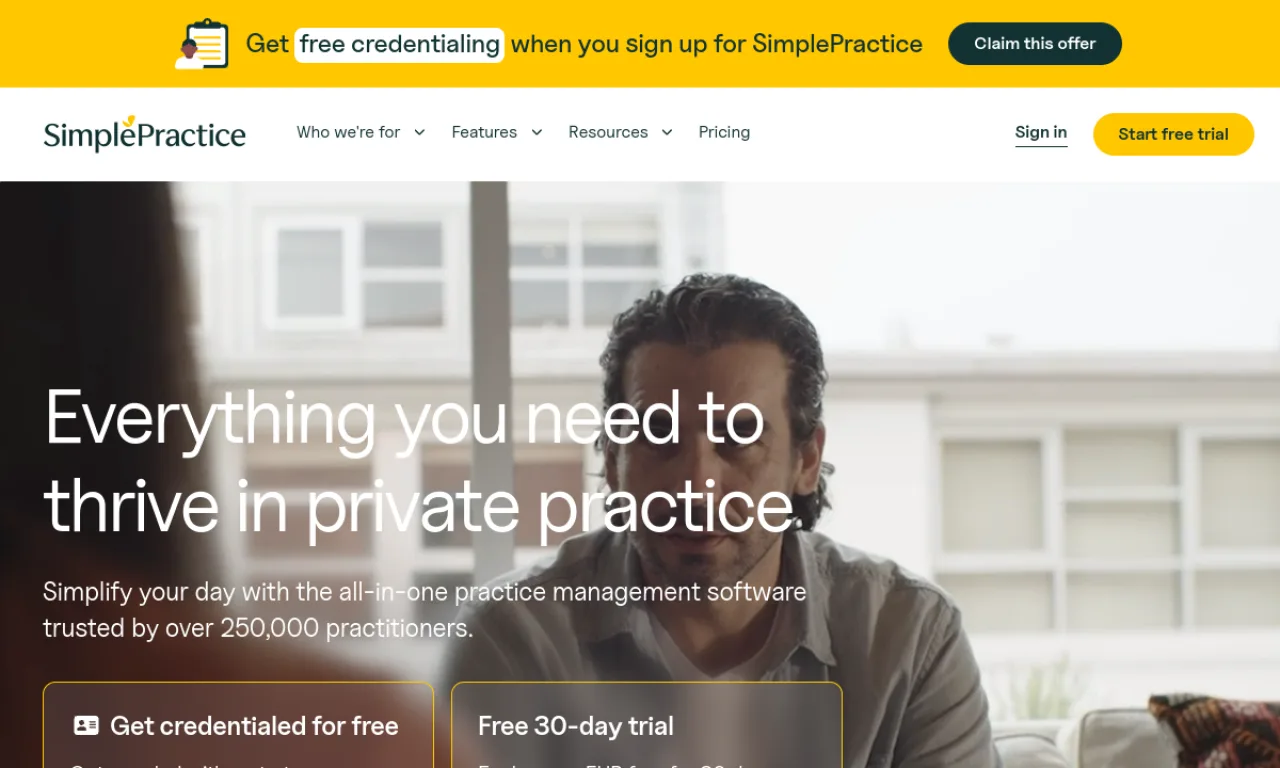 Screenshot of SimplePractice website