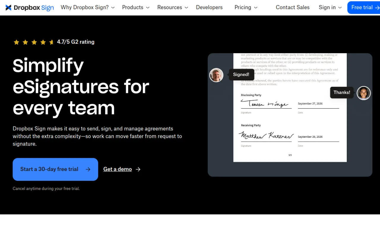 Screenshot of HelloSign / Dropbox Sign website