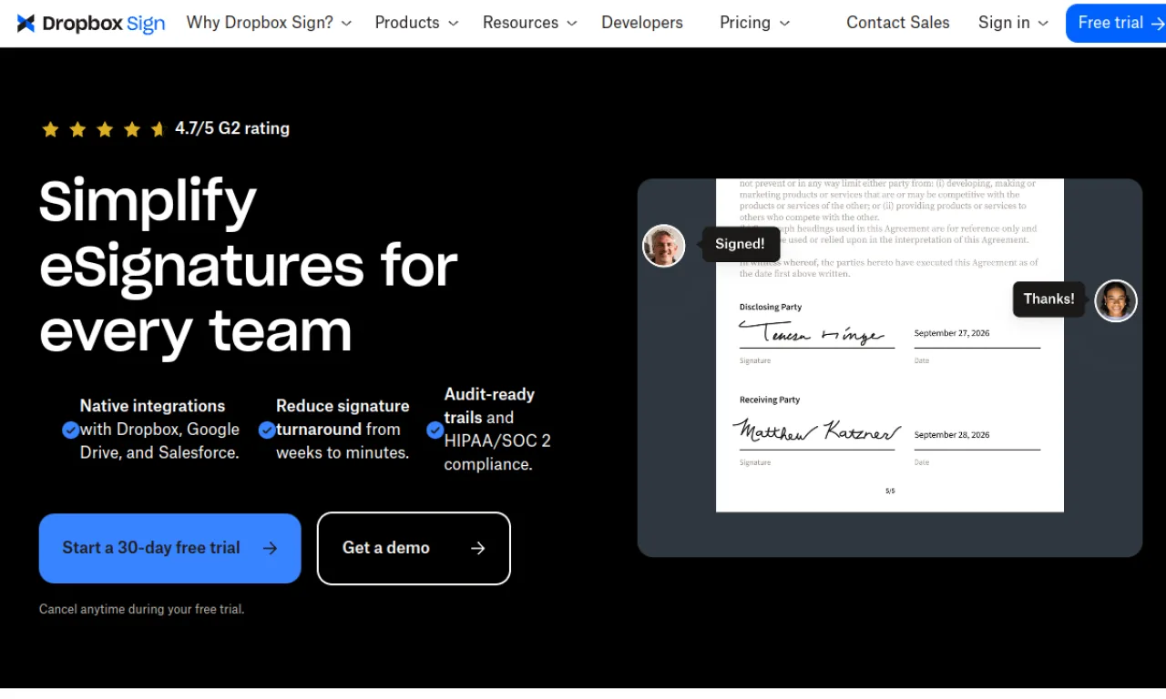 Screenshot of HelloSign / Dropbox Sign website