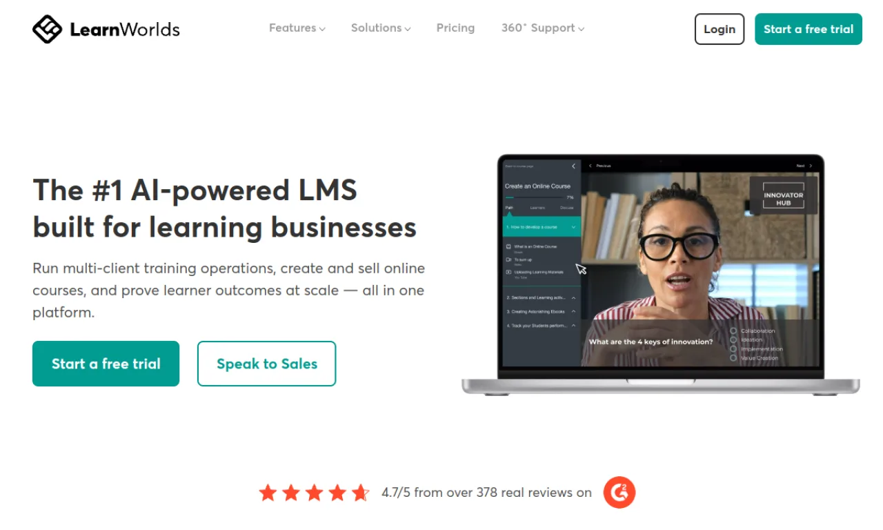 Screenshot of LearnWorlds website