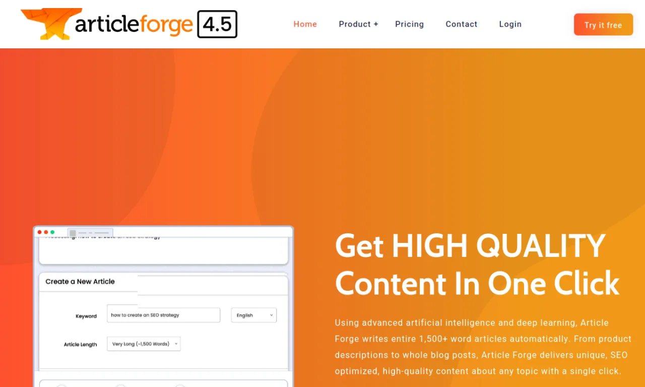 Screenshot of Article Forge website
