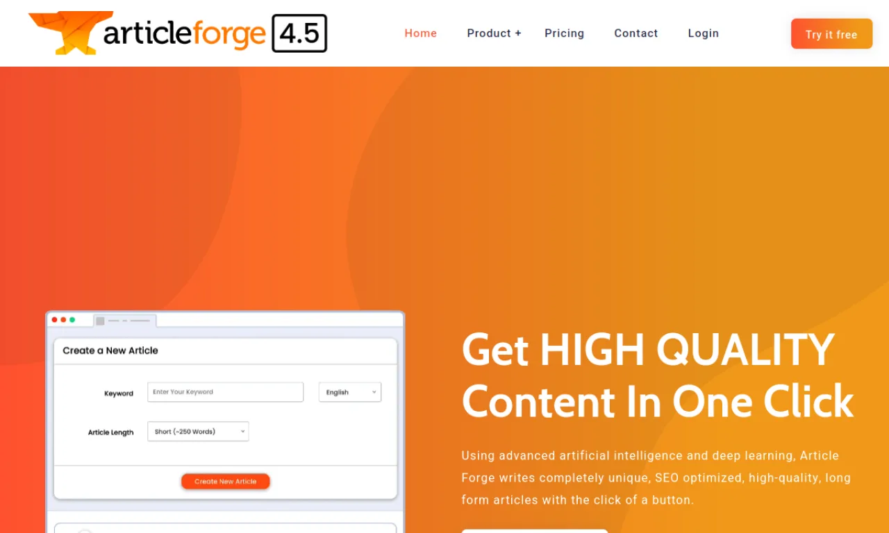 Screenshot of Article Forge website