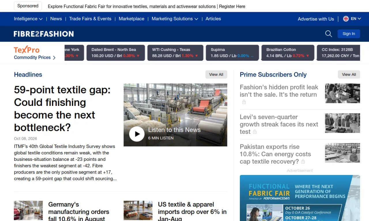 Screenshot of Fibre2Fashion website