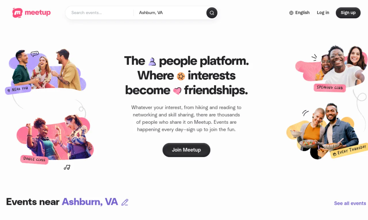 Screenshot of Meetup website