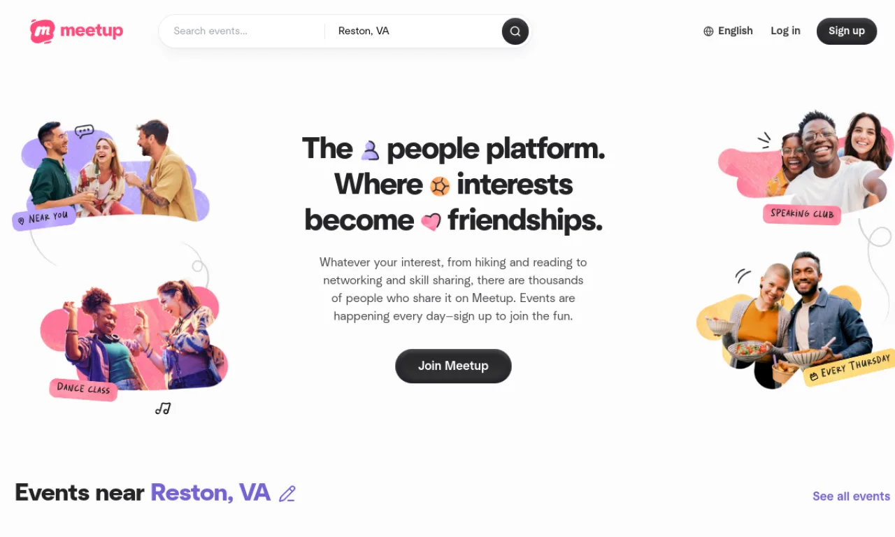Screenshot of Meetup website