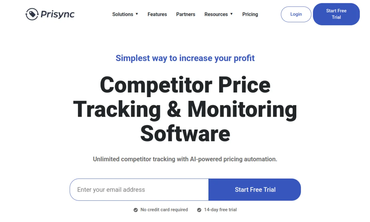 Screenshot of Prisync website