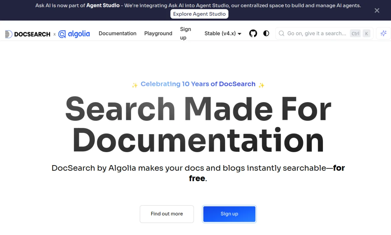 Screenshot of Algolia DocSearch website