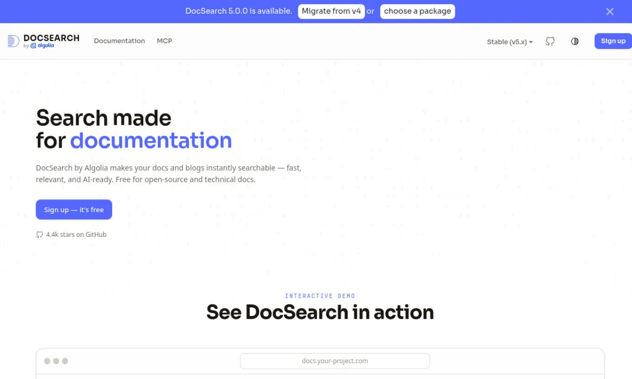 Screenshot of Algolia DocSearch website