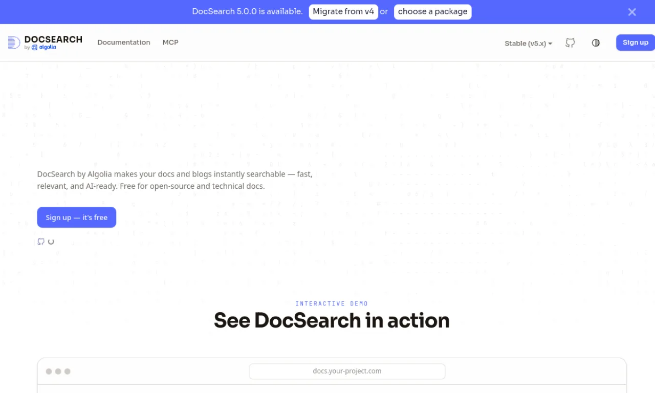 Screenshot of Algolia DocSearch website