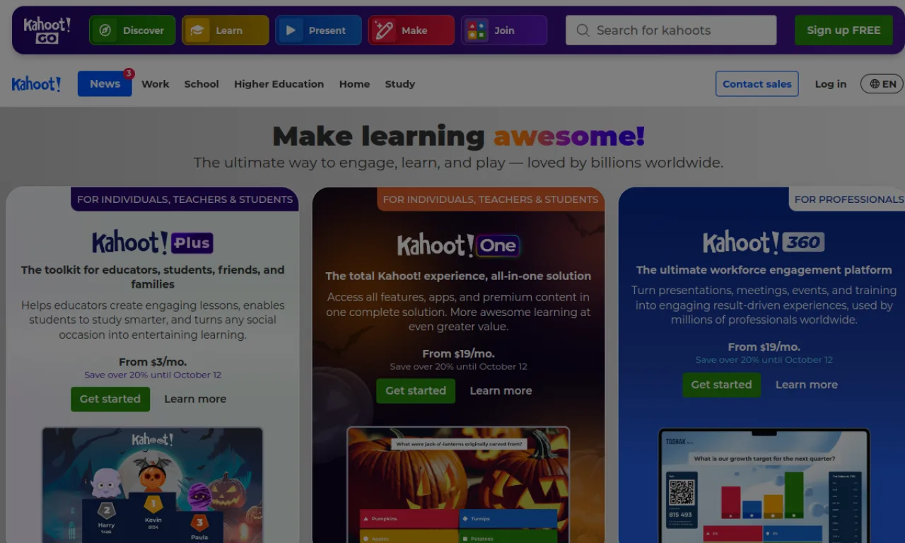 Screenshot of Kahoot! website